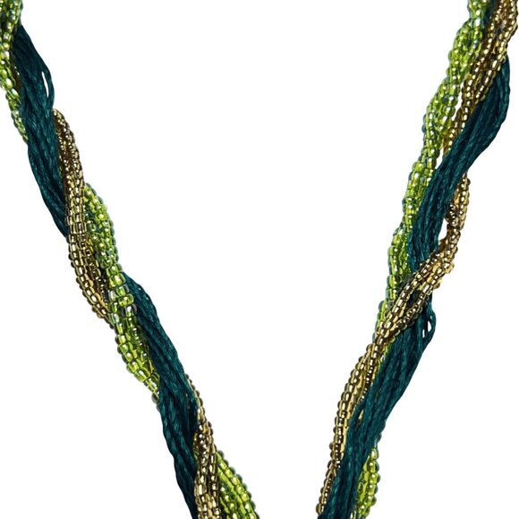 Multi Strand Green Seed Bead Necklace With Peacock Pendant (5889-1-2) - Picture 2 of 6